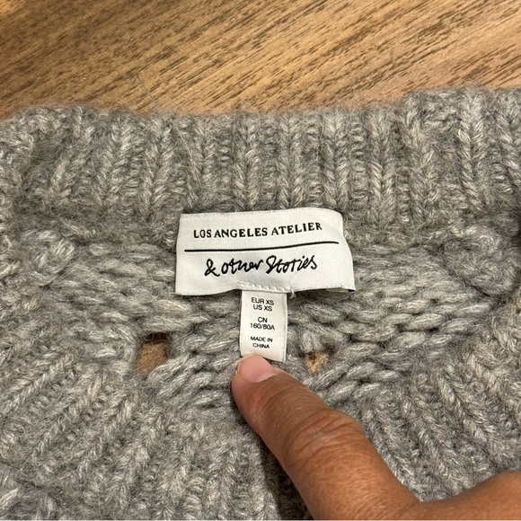& Other Stories XS Gray Wool Alpaca Blend Chunky Open Knit Pullover Sweater - Picture 3 of 8